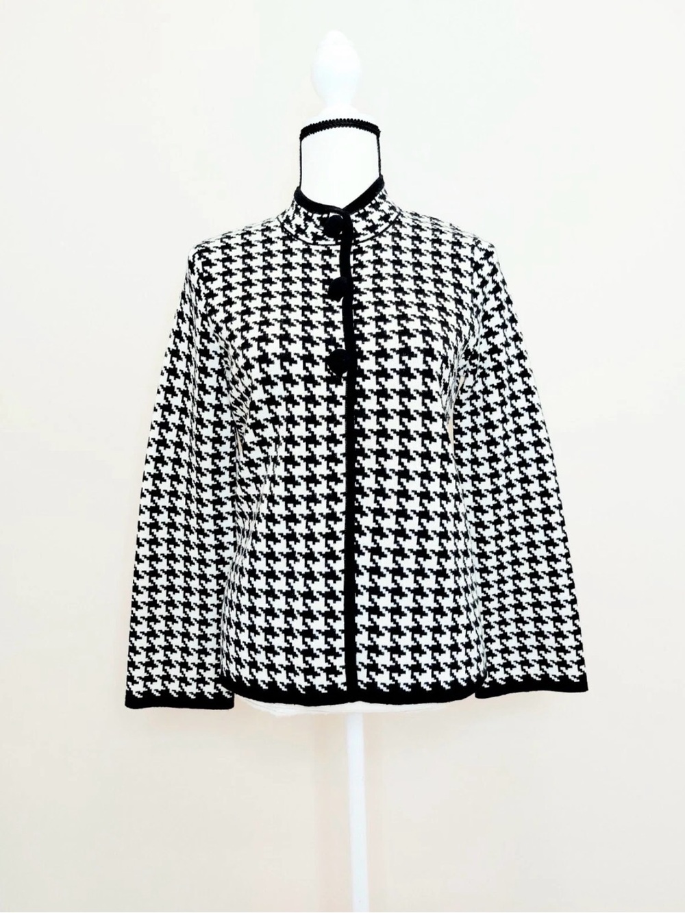 Elena Solano Black White Knit Houndstooth Jacket Sweater Cardigan Small